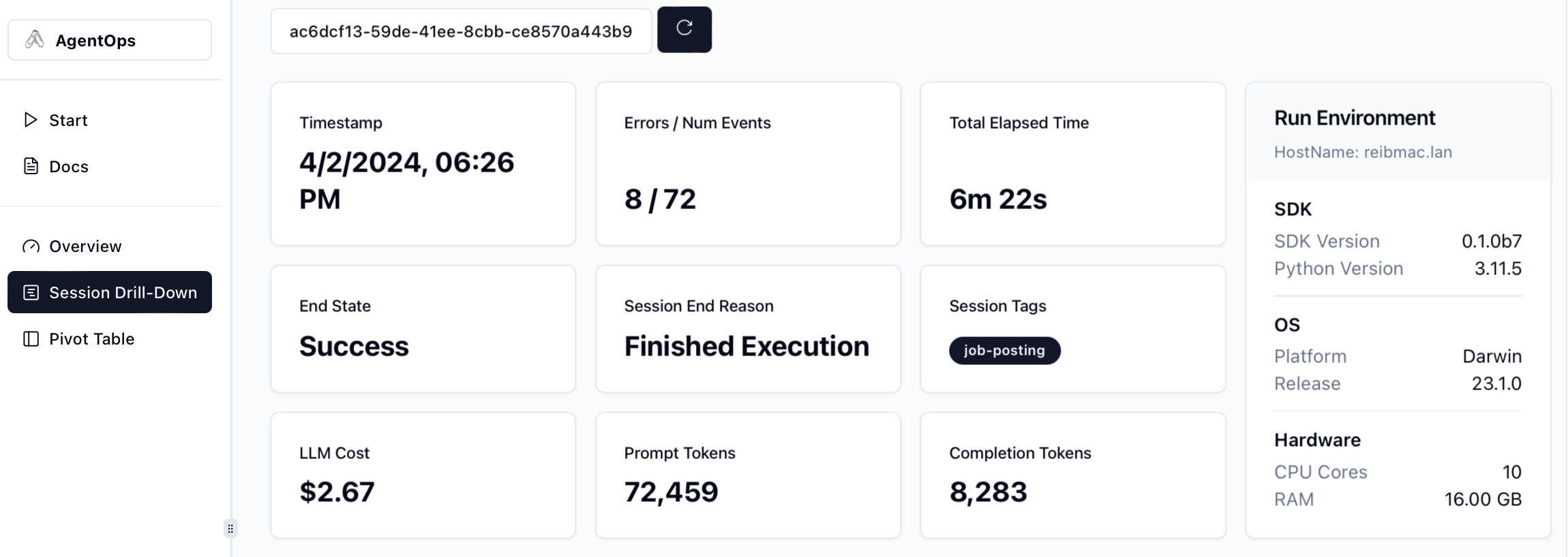 Overview of session drilldowns for examining agent runs
