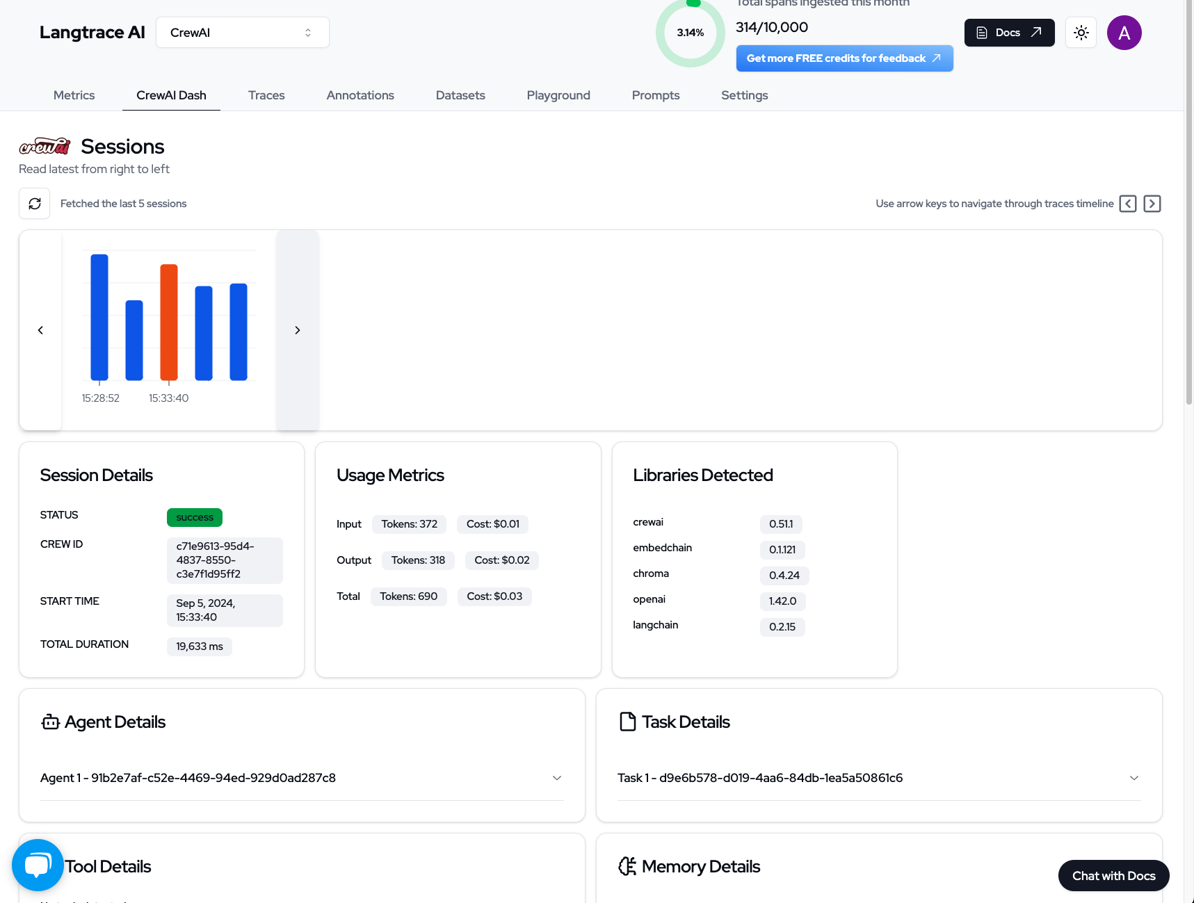 Overview of a select series of agent session runs