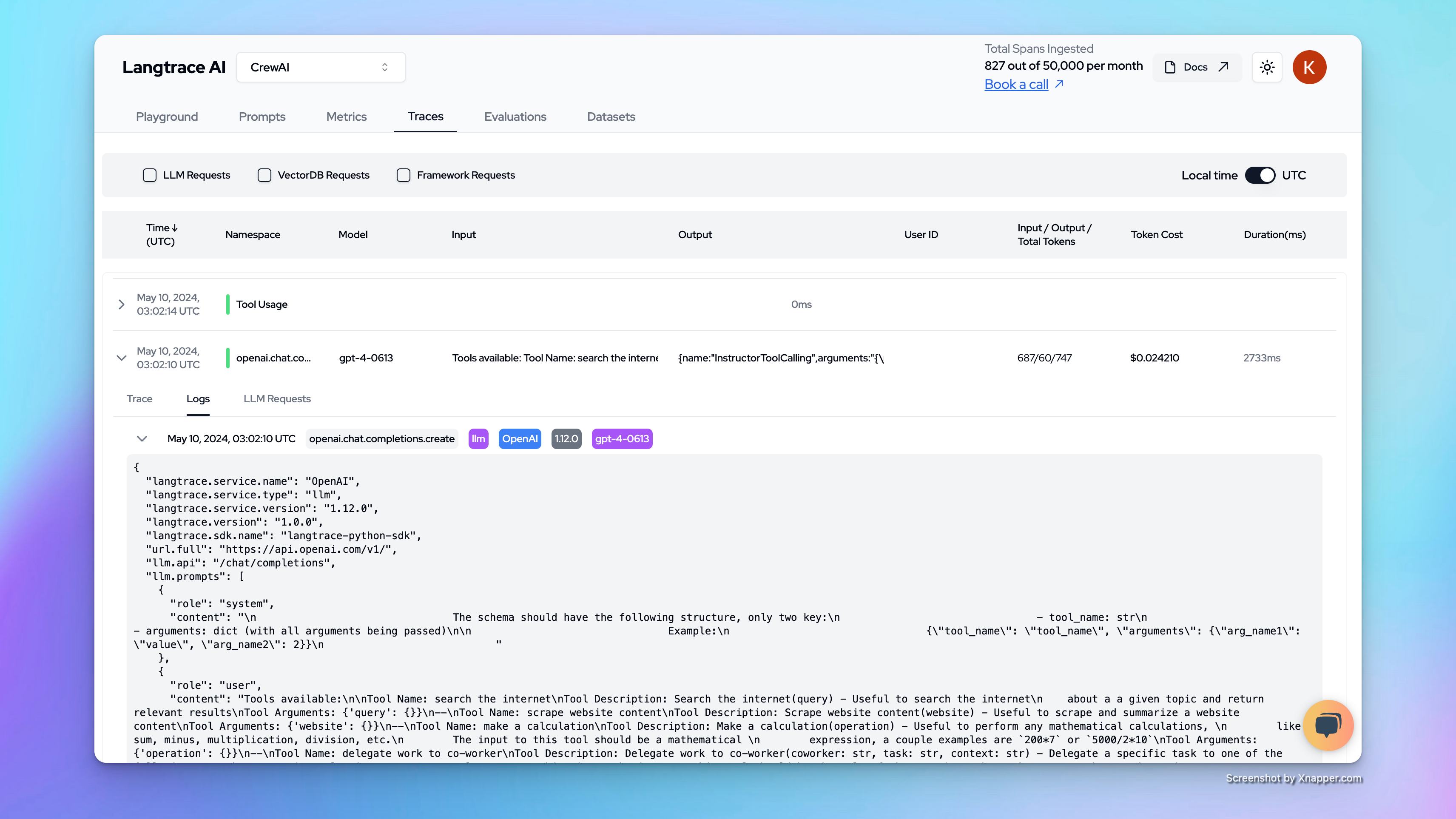 Langtrace Span Graph and Logs Dashboard
